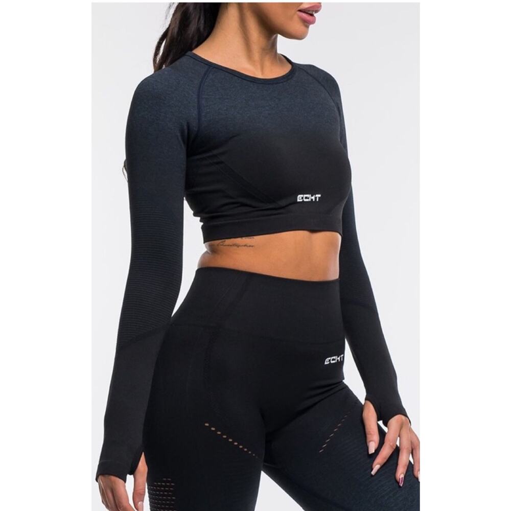 Echt Arise Ombre Workout Top Size Large Long Sleeve Crop Blue/Black Gym Fitness